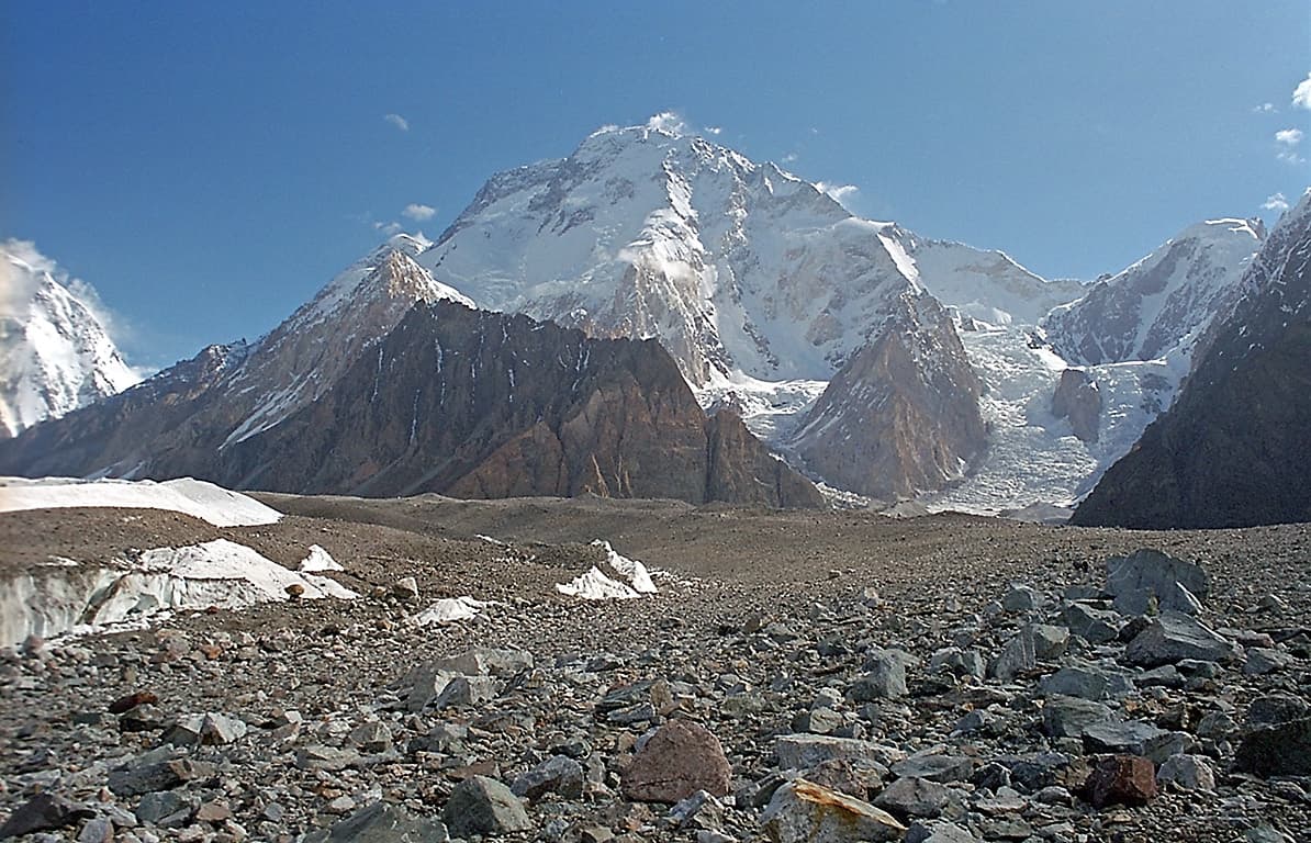 Broad Peak seen from Concordia, its long snow summit ridge rising above the Baltoro glacier
